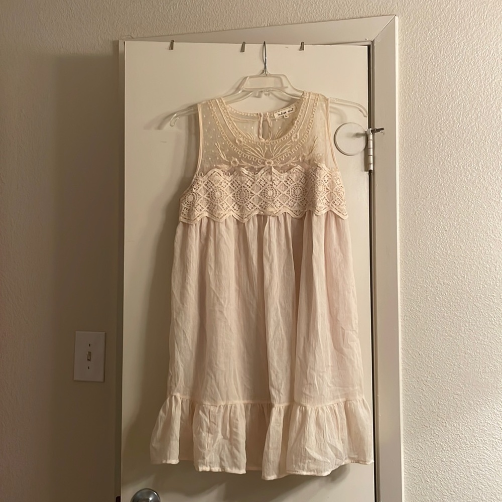 Sheer sleeveless cream colored dress with lace and mesh detail, size L